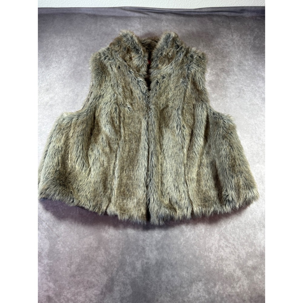 Elle Womens Brown Gray Faux Fur Vest Open Front Sleeveless Jacket Plus Size 1X